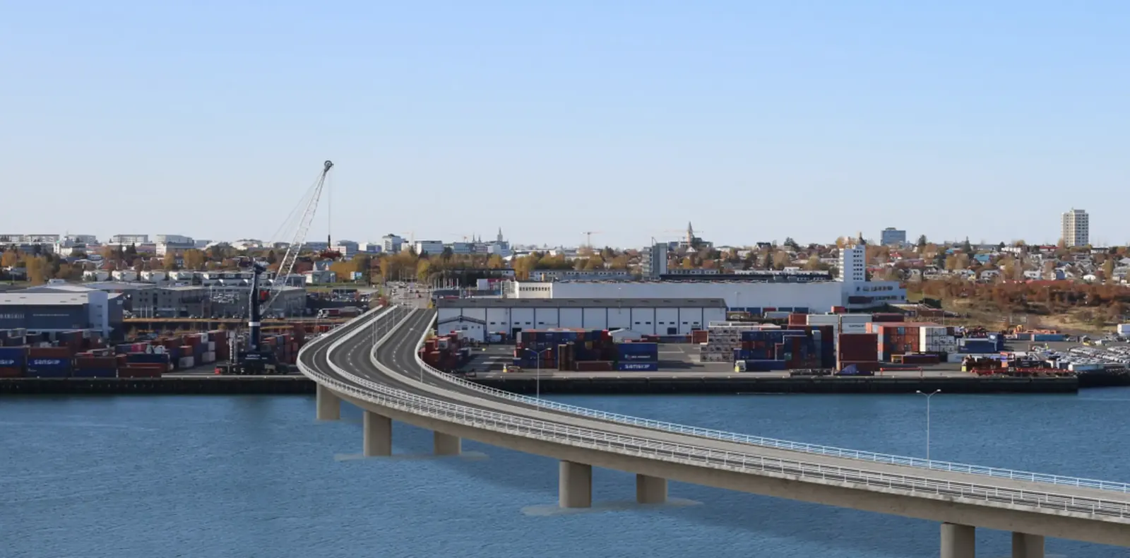 Visualisation of the proposed Sundabrú bridge coming ashore at the Sundahöfn container terminal in Reykjavík
